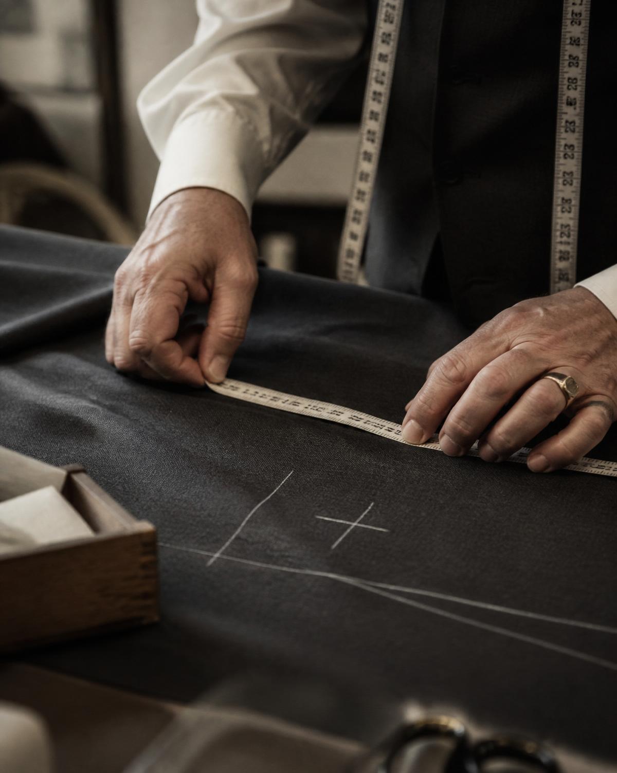Manos midiendo tela sobre mesa de corte