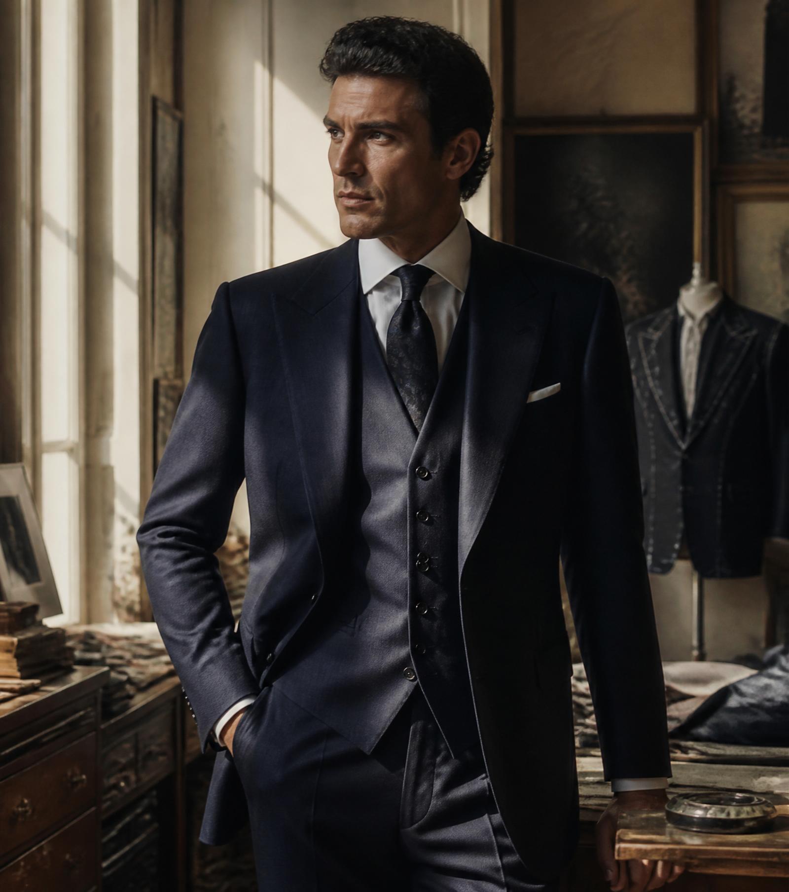 Sastre con traje azul marino a medida